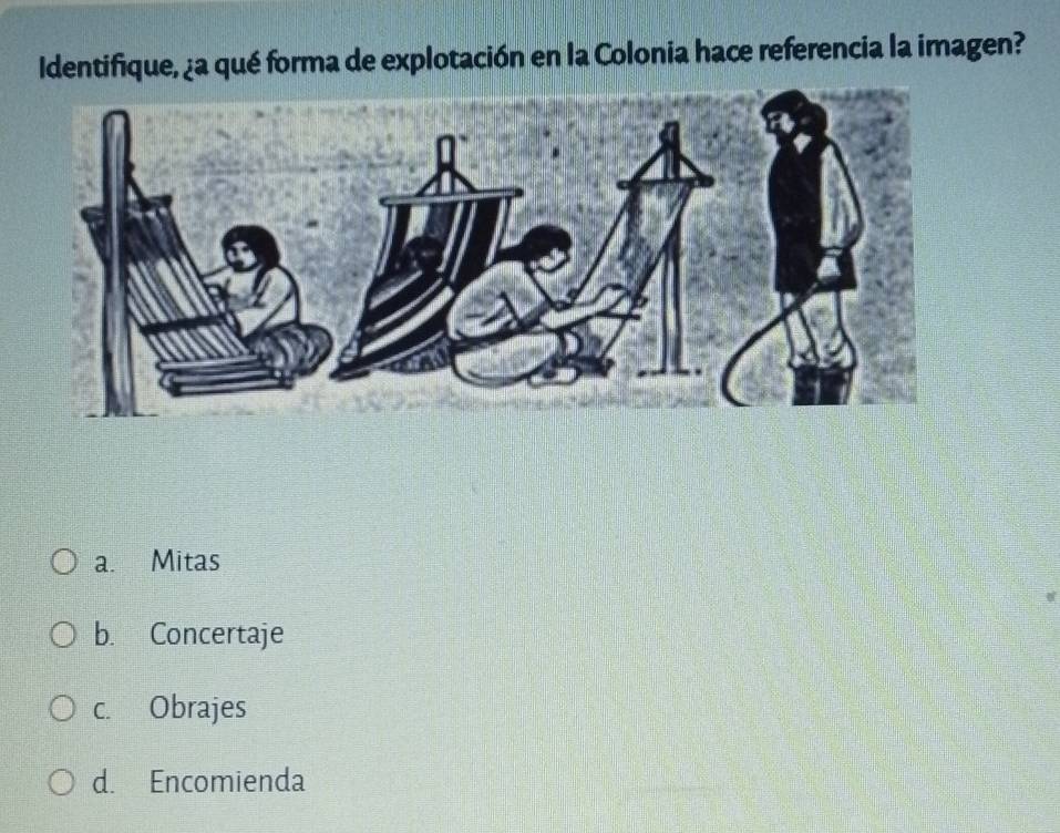 Identifique, ¿a qué forma de explotación en la Colonia hace referencia la imagen?
a. Mitas
b. Concertaje
c. Obrajes
d. Encomienda