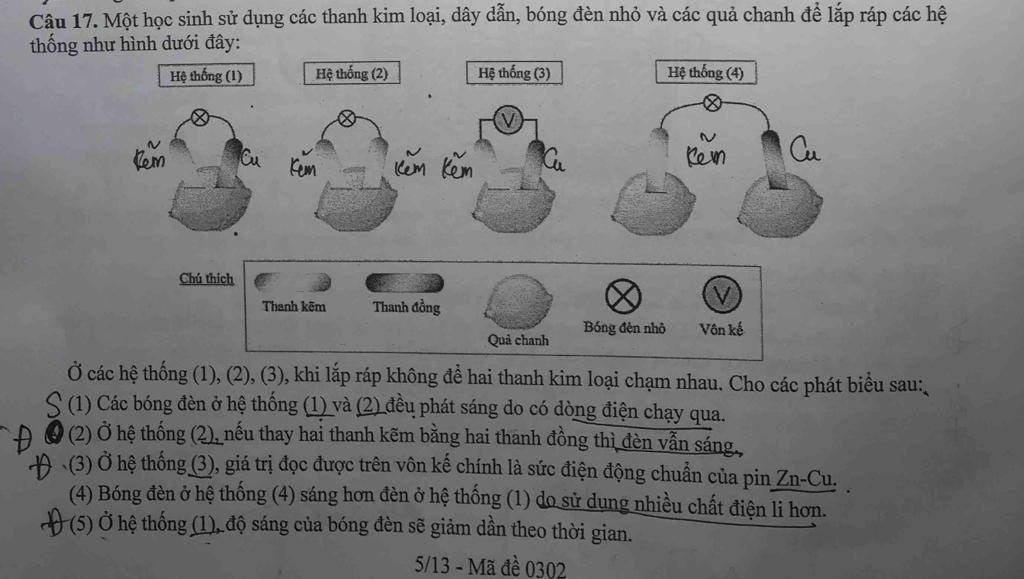 Một học sinh sử dụng các thanh kim loại, dây dẫn, bóng đèn nhỏ và các quả chanh để lắp ráp các hệ 
thống như hình dưới đây: 
Ở các hệ thống (1), (2), (3), khi lắp ráp không để hai thanh kim loại chạm nhau. Cho các phát biểu sau:, 
S (1) Các bóng đèn ở hệ thống (1) và (2) đều phát sáng do có dòng điện chạy qua. 
(2) Ở hệ thống (2), nếu thay hai thanh kẽm bằng hai thanh đồng thì đèn vẫn sáng. 
(3) hệ thống (3), giá trị đọc được trên vôn kế chính là sức điện động chuẩn của pin Zn-Cu. 
(4) Bóng đèn ở hệ thống (4) sáng hơn đèn ở hệ thống (1) do sử dụng nhiều chất điện li hơn. 
(5) Ở hệ thống (1), độ sáng của bóng đèn sẽ giảm dần theo thời gian. 
5/13 - Mã đề 0302