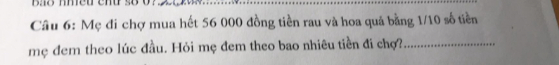 Mẹ đi chợ mua hết 56 000 đồng tiền rau và hoa quả bằng 1/10 số tiền 
mẹ đem theo lúc đầu. Hỏi mẹ đem theo bao nhiêu tiền đi chợ?_