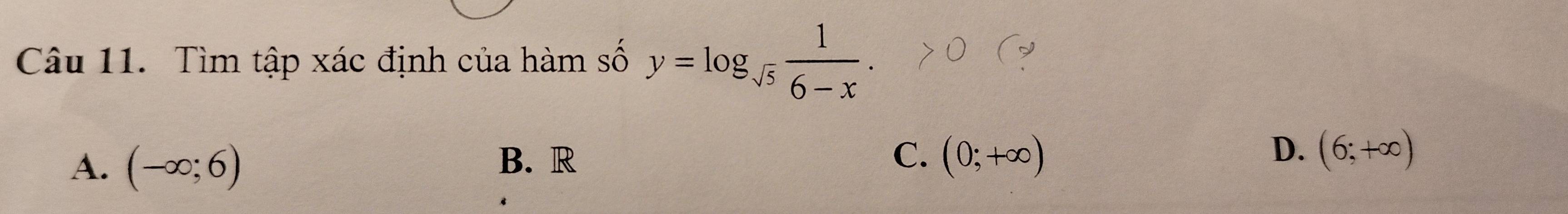 Tìm tập xác định của hàm số y=log _sqrt(5) 1/6-x .
A. (-∈fty ;6)
D.
B. R C. (0;+∈fty ) (6;+∈fty )