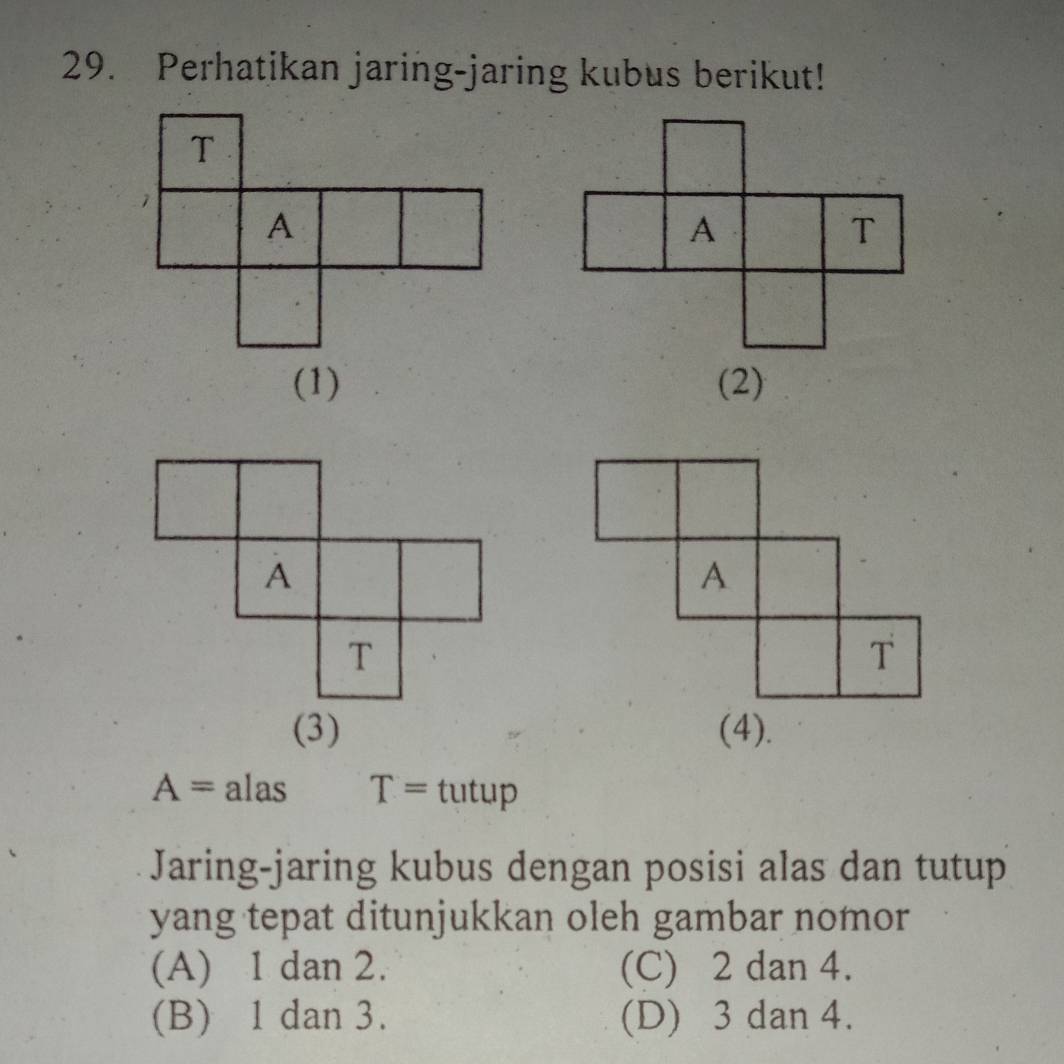 Perhatikan jaring-jaring kubus berikut!
(1) (2)
(3) (4).
A= alas T= tutup
Jaring-jaring kubus dengan posisi alas dan tutup
yang tepat ditunjukkan oleh gambar nomor
(A) 1 dan 2. (C) 2 dan 4.
(B) 1 dan 3. (D) 3 dan 4.