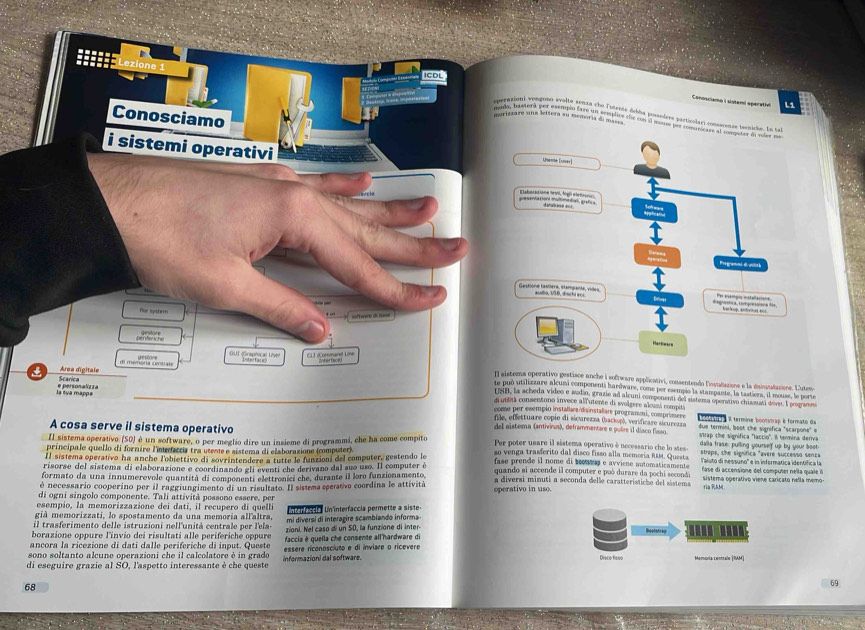 Conosciamo i sstand operathl L1
azionl vemauno avaltó semaa she Fañeme óebóa possodase particslari consscenae tecniche. En ta
szare una lettera su memoria dimassá
ds, basterà por esempin fam se macbats the con il mome, ae fomne 
istema operativo gestisce anche i software applicativi, consentendo l'nstallazons e la disisstadazess. Luten
uó utalizzare alcumi componenti haróware, come por esempió la stampante, la tastiers, il mouse, le porte
B, la scheda video e wadio, grazie ad alcuni componenti del sistema operativo chiamati dóver. I programmi
ina consentono invece alTutente di svolgere alcuzó compit
e per esempio instalæe/disinstallare programmi, comprimeee
effettuare copie di sicurezza (backop), verificare sicurezza À Il termine booestrap é formato de
del aistema (antivinus), deframmentare e pulre il dísco fisso. due termini, boot che signífica "scarpone" o
sa serve il sistema operativo strap che signífica 'laccio'. Il tenmina deriva
Il sistema operativo (SO) è un software, o per meglio dire un insieme di programmi, che ha come compito Per poter usare il sástema operativo è necessario che lo stes- dalla frase: pulling yourse' up by your beet
principale quello di fornire l'nteaccia tra utente e sistema di elaborazione (computer).  strops, the signífica "avere successo senzi
Il sistema operativo ha anche l'obiettivo di sovrintendere a tutte le funzioni del computer, gestendo le so venga trasferito dal disco fisso alla memeria RAM. Questa Taluto di nespuno'' e in informática identífica la
risorse del sistema di elaborazione e coordinando gli eventi che derivano dal suo uso. Il computer è faso prende il nome di teowes e avviene automaticamente  fase di accensione del computer  e l  q le 
formato da una innumerevole quantità di componenti elettronici che, durante il loro funzionamento,  quando si accende il computer e puó durare da pochi seconda  sistema operativo viene caricato nella memo-
a diversi minuti a seconda delle caratteristiche del sástema
é necessario cooperino per il raggiungimento di un risultato. Il sistema sperativo coordina le attività operativo in uso. riaRAM
di ogni singolo componente. Tali attività possono essere, per
esempio, la memorizzazione dei datí, il recupero di quelli
già memorizzati, lo spostamento da una memoria all'altra,      Uninterfaccia permette a siste
il trasferimento delle istruzioni nell'unità centrale per l'ela mi diversi di interagire scambiando informa
borazione oppure l'invio dei risultati alle periferiche oppure zioni. Nel caso di un SD, la funzione di inter ..' .'
ancora la ricezione di dati dalle periferiche di input. Queste faccia é quella che consente all'hardware di
sono soltanto alcune operazioni che il calcolatore é in grado essere riconosciuto e di inviare o ricevere
di eseguire grazie al SO, l'aspetto interessante è che queste informazioni dal software. Disco fisso Memonía centrale (RAM)
68
69