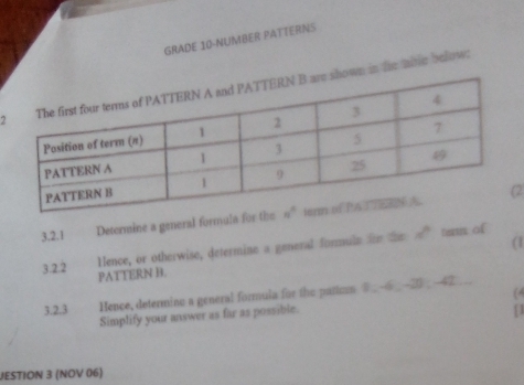 GRADE 10-NUMBER PATTERNS
2hown in the mte below.
2
3.2.1 Detormine a general formula for t
(1
lence, or otherwise, determine a general formuln the the surd  ` term of 
3.2.2 PATTERN B.
3.2.3 Hence, determino a general formula for the partorn ⑧_-6--20 , -42 __.
Simplify your answer as far as possible. (4
1
JESTION 3 (NOV 06)