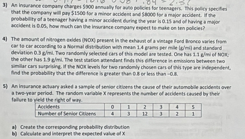 An insurance company charges $900 annually for auto policies for teenagers. This policy specifies 
that the company will pay $1500 for a minor accident and $8000 for a major accident. If the 
probability of a teenager having a minor accident during the year is 0.15 and of having a major 
accident is 0.05, how much can the insurance company expect to make on ten policies? 
4) The amount of nitrogen oxides (NOX) present in the exhaust of a vintage Ford Bronco varies from 
car to car according to a Normal distribution with mean 1.4 grams per mile (g/mi) and standard 
deviation 0.3 g/mi. Two randomly selected cars of this model are tested. One has 1.1 g/mi of NOX; 
the other has 1.9 g/mi. The test station attendant finds this difference in emissions between two 
similar cars surprising. If the NOX levels for two randomly chosen cars of this type are independent, 
find the probability that the difference is greater than 0.8 or less than -0.8. 
5) An insurance actuary asked a sample of senior citizens the cause of their automobile accidents over 
a two-year period. The random variable X represents the number of accidents caused by their 
failu 
a) Create the corresponding probability distribution 
b) Calculate and interpret the expected value of X