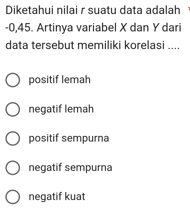 Diketahui nilai r suatu data adalah
-0,45. Artinya variabel X dan Y dari
data tersebut memiliki korelasi ....
positif lemah
negatif lemah
positif sempurna
negatif sempurna
negatif kuat