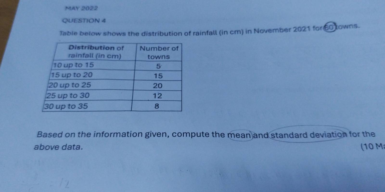 MAY 2022 
QUESTION 4 
Table below shows the distribution of rainfall (in cm) in November 2021 for 60 towns. 
Based on the information given, compute the mean and standard deviation for the 
above data. (10 M