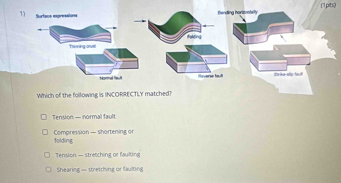 Which of the following is INCORRECTLY matched?
Tension — normal fault
Compression — shortening or
folding
Tension — stretching or faulting
Shearing — stretching or faulting