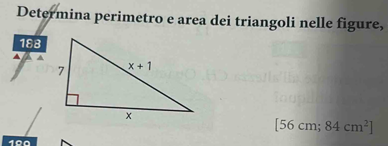 Determina perimetro e area dei triangoli nelle figure,
188
[56cm; 84cm^2]
100