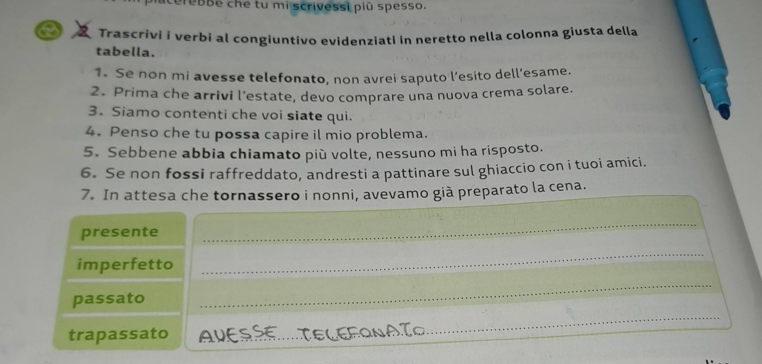 acerebbe che tu mi scrivessi più spesso. 
Trascrivi i verbi al congiuntivo evidenziati in neretto nella colonna giusta della 
tabella. 
1. Se non mi avesse telefonato, non avrei saputo l’esito dell’esame. 
2. Prima che arrivi l’estate, devo comprare una nuova crema solare. 
3. Siamo contenti che voi siate qui. 
4. Penso che tu possa capire il mio problema. 
5. Sebbene abbia chiamato piú volte, nessuno mi ha risposto. 
6. Se non fossi raffreddato, andresti a pattinare sul ghiaccio con i tuoi amici. 
7. In attesa che tornassero i nonni, avevamo già preparato la cena. 
presente 
_ 
imperfetto 
_ 
passato 
_ 
trapassato AVES TELE 
_