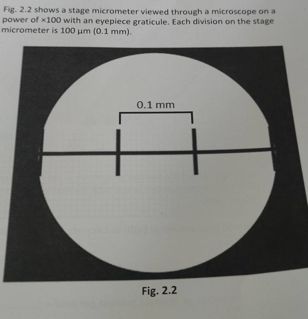 Fig. 2.2 shows a stage micrometer viewed through a microscope on a 
power of * 100 with an eyepiece graticule. Each division on the stage 
micrometer is 100 μm (0.1 mm).