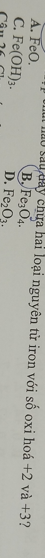 A. FeO.
40 sau day chứa hai loại nguyên tử iron với số oxi hoá +2va+3 ?
C. Fe(OH)_3.
B. Fe_3O_4. 
Câu wedge
D. Fe_2O_3.