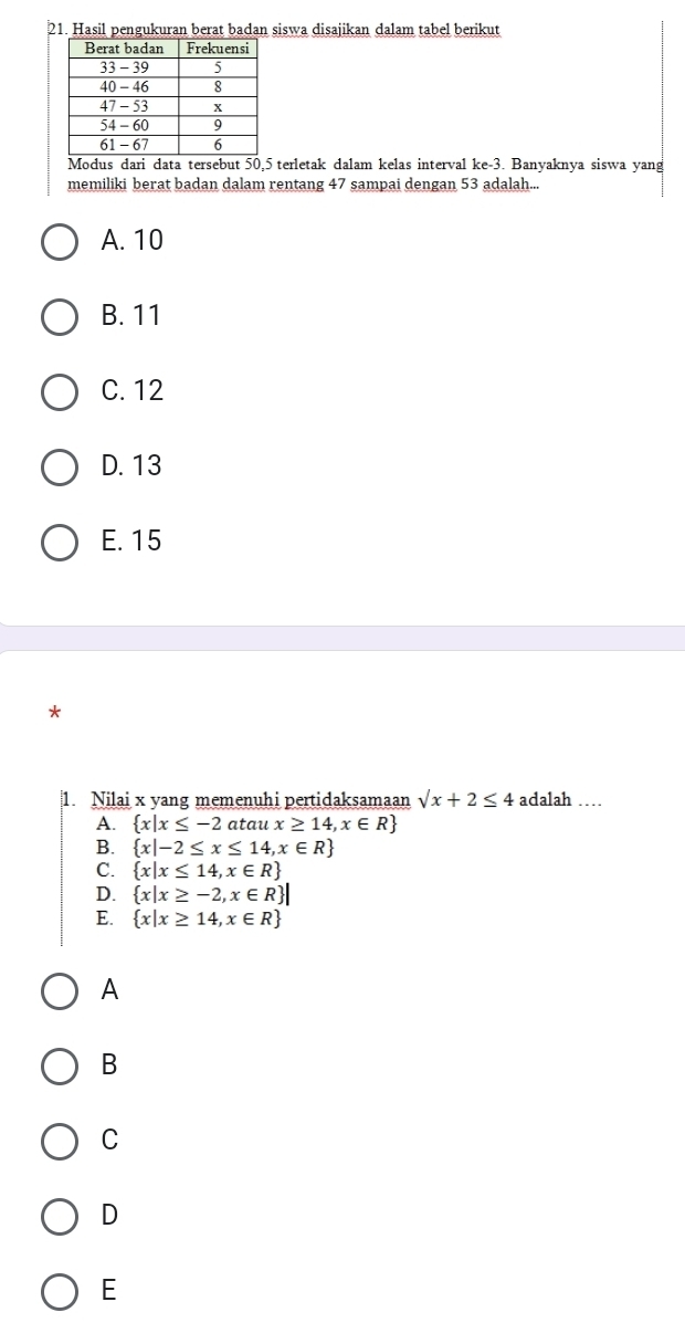 Hasil pengukuran berat badan siswa disajikan dalam tabel berikut
terletak dalam kelas interval ke- 3. Banyaknya siswa yang
memiliki berat badan dalam rentang 47 sampai dengan 53 adalah...
A. 10
B. 11
C. 12
D. 13
E. 15
|1. Nilai x yang memenuhi pertidaksamaan sqrt(x)+2≤ 4 adalah …
A.  x|x≤ -2a tau x≥ 14,x∈ R
B.  x|-2≤ x≤ 14,x∈ R
C.  x|x≤ 14,x∈ R
D.  x|x≥ -2,x∈ R |
E.  x|x≥ 14,x∈ R
A
B
C
D
E