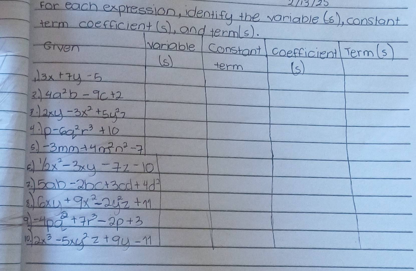 2/13/25 
For each expression, identify the variable (6), constant 
term coefficient(s), and term(s). 
variable constant 
Given coefficient Term(s) 
(s) 
term 
(s)
3x+7y-5
21 4a^2b-9c+2
3. 2xy-3x^2+5y^2z
4? p-6q^2r^3+10
5. -3mm+4m^2n^2-7
E 1/2x^2-3xy-7z-10
2. 5ab-2bc+3cd+4d^2
81 6xy+9x^2-2y^2z+11
9 -4pq^2+7r^3-2p+3
10. 2x^3-5xy^2z+9y-11