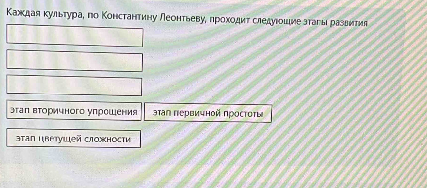 Κажсдая κультура, по Κонстантиηу Леонтьеву, πрохοдит следуюοшие этаπьι развития
этап вторичного упрошения этаπ первичной простоты
этал цветушей сложности