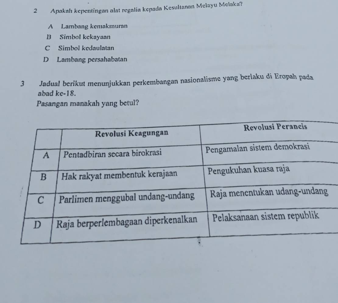 Apakah kepentingan alat regalia kepada Kesultanan Melayu Melaka?
A Lambang kemakmuran
B Simbol kckayaan
C Simbol kedaulatan
D Lambang persahabatan
3 Jadual berikut menunjukkan perkembangan nasionalisme yang berlaku di Eropah pada
abad ke- 18.
Pasangan manakah yang betul?