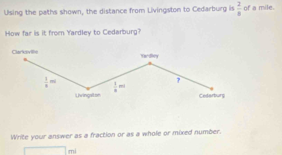 Using the paths shown, the distance from Livingston to Cedarburg is  2/8  of a mile.
How far is it from Yardley to Cedarburg?
Write your answer as a fraction or as a whole or mixed number.
□ mi