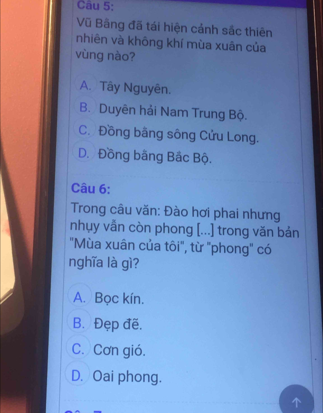 Vũ Bằng đã tái hiện cảnh sắc thiên
nhiên và không khí mùa xuân của
vùng nào?
A. Tây Nguyên.
B. Duyên hải Nam Trung Bộ.
C. Đồng bằng sông Cửu Long.
D. Đồng bằng Bắc Bộ.
Câu 6:
Trong câu văn: Đào hơi phai nhưng
nhụy vẫn còn phong [...] trong văn bản
"Mùa xuân của tôi", từ "phong" có
nghĩa là gì?
A. Bọc kín.
B. Đẹp đẽ.
C. Cơn gió.
D. Oai phong.