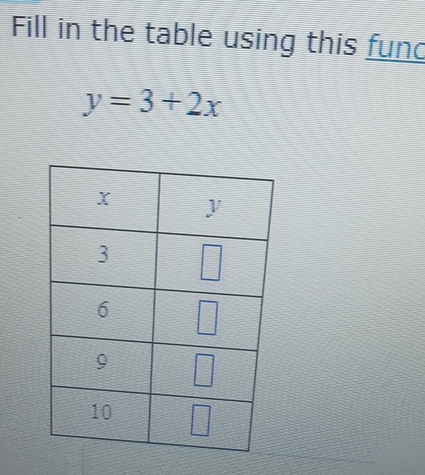 Fill in the table using this fund
y=3+2x