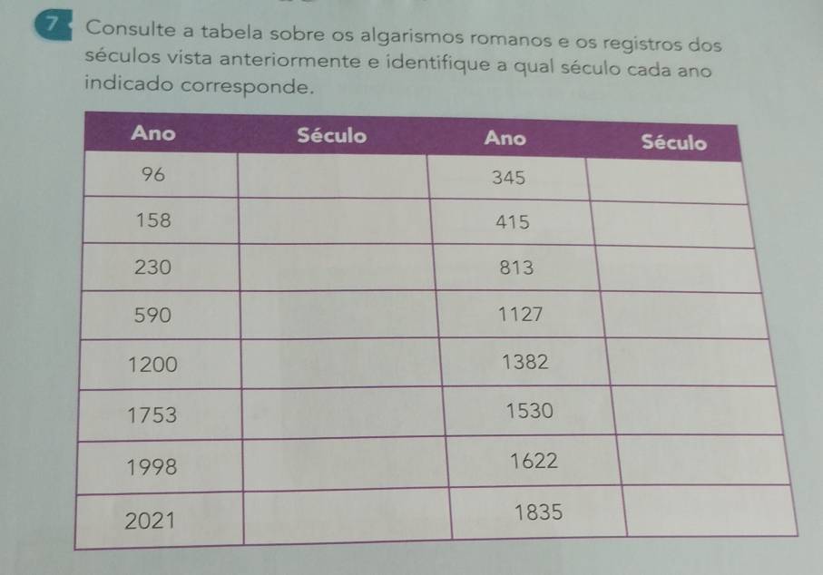 Consulte a tabela sobre os algarismos romanos e os registros dos 
séculos vista anteriormente e identifique a qual século cada ano 
indicado corresponde.