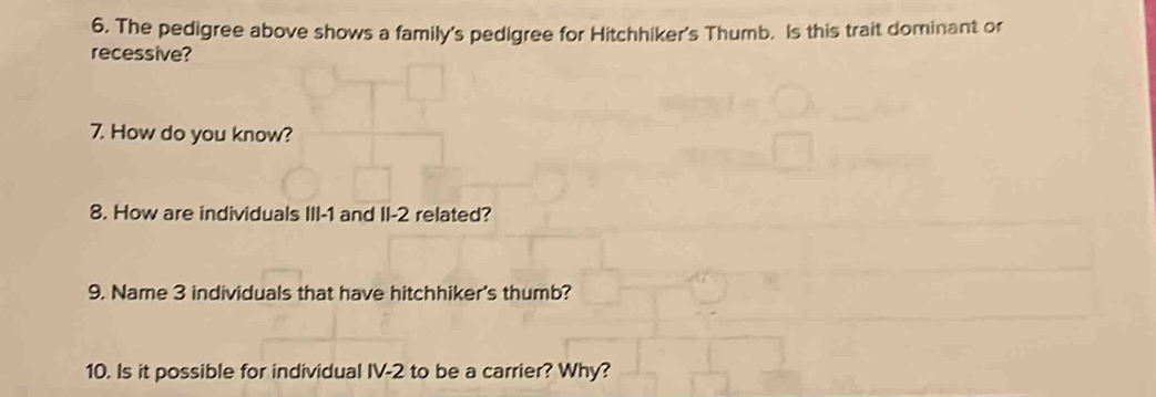 The pedigree above shows a family's pedigree for Hitchhiker's Thumb. Is this trait dominant or 
recessive? 
7. How do you know? 
8. How are individuals III -1 and II -2 related? 
9. Name 3 individuals that have hitchhiker's thumb? 
10. Is it possible for individual IV-2 to be a carrier? Why?