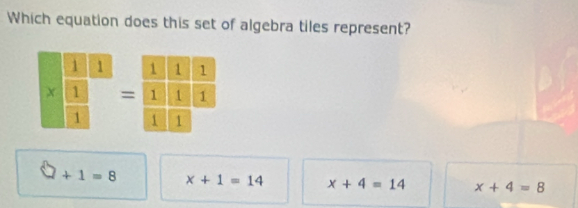 Which equation does this set of algebra tiles represent?
* beginarrayr  1/1 =frac  1/1 = 1/1  1/1 1endarray
□ +1=8 x+1=14 x+4=14 x+4=8