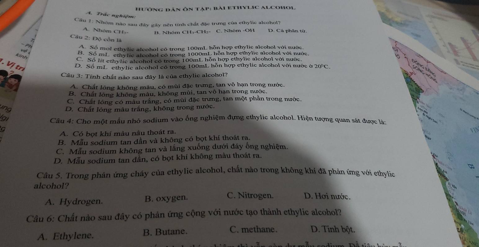 HưÔNG Dân ôn tập: bài ETHYLIC ALCOHOl
A. Trắc nghiệm:
Cầu 1: Nhóm nào sau đây gây nên tính chất đặc trưng của ethylic alcohol?
A. Nhóm CH₃- B. Nhóm CH₃-CH2- C. Nhóm -OH D. Cả phân tử.
Câu 2: Độ cồn là
η
- Ph
A. Số mol ethylic alcohol có trong 100mL hỗn hợp ethylic alcohol với nước.
về
B. Số mL ethylic alcohol có trong 1000mL hỗn hợp ethylic alcohol với nước.
kinh

C. Số lit ethylic alcohol có trong 100mL hỗn hợp ethylic alcohol với nước.
1. Vị trì
D. Số mL ethylic alcohol có trong 100mL hỗn hợp ethylic alcohol với nước ở 20°C.
Câu 3: Tính chất nào sau đây là của ethylic alcohol?
A. Chất lỏng không màu, có mùi đặc trưng, tan vô hạn trong nước.
B. Chất lỏng không màu, không mùi, tan vô hạn trong nước.
C. Chất lông có màu trắng, có mùi đặc trưng, tan một phần trong nước.
ung D. Chất lỏng màu trắng, không trong nước.
lgi
Câu 4: Cho một mẫu nhỏ sodium vào ống nghiệm đựng ethylic alcohol. Hiện tượng quan sát được là:
9
A. Có bọt khí màu nâu thoát ra.
B. Mẫu sodium tan dần và không có bọt khí thoát ra.
C. Mẫu sodium không tan và lắng xuống dưới đáy ống nghiệm.
D. Mẫu sodium tan dần, có bọt khí không màu thoát ra.
Câu 5. Trong phản ứng cháy của ethylic alcohol, chất nào trong không khí đã phản ứng với ethylic
alcohol?
A. Hydrogen. B. oxygen.
C. Nitrogen. D. Hơi nước.
Câu 6: Chất nào sau đây có phản ứng cộng với nước tạo thành ethylic alcohol?
A. Ethylene. B. Butane.
C. methane. D. Tinh bột.