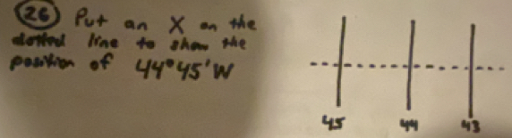 (③) Put an X on the 
dorled line to show the 
postion of 44°45'W