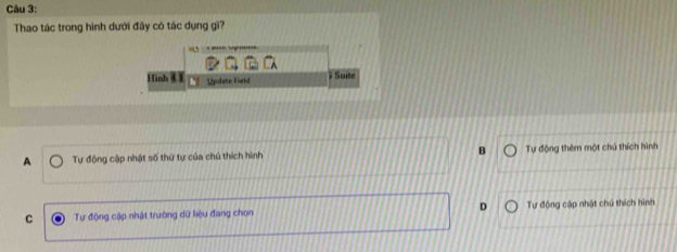 Thao tác trong hình dưới đấy có tác dụng gì?
=
Hình ④ Update Field ) Suite
A Tự động cập nhật số thứ tự của chú thích hình B Tự động thêm một chú thích hình
C Tự động cập nhật trường dữ liệu đang chọn D Tự động cập nhật chú thích hình