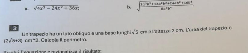 sqrt(4x^3-24x^2+36x); 
b. sqrt(frac 2a^3b^2+12a^2b^2+24ab^2+16b^2)8a^3b^4.
3 
Un trapezio ha un lato obliquo e una base lunghi sqrt(5)cm e l'altezza 2 cm. L'area del trapezio è
(2sqrt(5)+3)cm^(wedge)2. Calcola il perimetro. 
Risolvi lequazione e razionalizza il risultato: