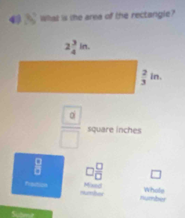 What is the area of the rectangle?
frac  a □  square inches
□  □ /□   □
Whole
number
Submt