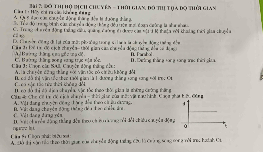 đồ thị độ dịch chuyên - thời gian. đô thị tọa độ thời gian
Câu 1: Hãy chỉ ra câu không đúng:
A. Quỹ đạo của chuyển động thẳng đều là đường thắng.
B. Tốc độ trung bình của chuyển động thắng đều trên mọi đoạn đường là như nhau.
C. Trong chuyển động thẳng đều, quãng đường đi được của vật tỉ lệ thuận với khoảng thời gian chuyển
động.
D. Chuyển động đi lại của một pit-tông trong xi lanh là chuyển động thắng đều.
Câu 2: Đồ thị độ dịch chuyển- thời gian của chuyển động thắng đều có dạng:
A. Đường thắng qua gốc toạ độ. B. Parabol.
C. Đường thắng song song trục vận tốc. D. Đường thắng song song trục thời gian.
Câu 3: Chọn câu SAI. Chuyển động thắng đều:
A. là chuyển động thẳng với vận tốc có chiều không đổi.
B. có đồ thị vận tốc theo thời gian là 1 đường thắng song song với trục Ot.
C. có vận tốc tức thời không đồi.
D. có đồ thị độ dịch chuyền, vận tốc theo thời gian là những đường thắng.
Câu 4: Cho đồ thị độ dịch chuyển - thời gian của một vật như hình. Chọn phát biểu đúng.
A. Vật đang chuyền động thắng đều theo chiều dương. 
B. Vật đang chuyển động thắng đều theo chiều âm.
C. Vật đang đứng yên.
D. Vật chuyển động thắng đều theo chiều dương rồi đổi chiều chuyên động
ngược lại.
Câu 5: Chọn phát biểu sai:
A. Đồ thị vận tốc theo thời gian của chuyển động thẳng đều là đường song song với trục hoành Ot.