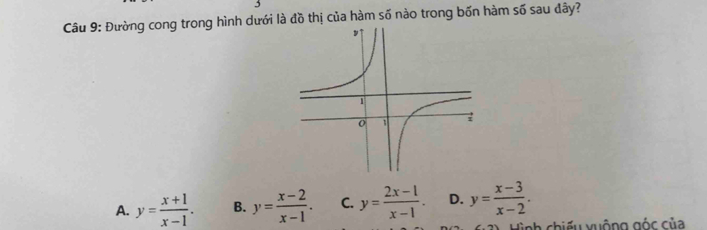 Đường cong trong hình dưới là đồ thị của hàm số nào trong bốn hàm số sau đây?
A. y= (x+1)/x-1 . B. y= (x-2)/x-1 . C. y= (2x-1)/x-1 . D. y= (x-3)/x-2 . 
Hình chiếu vuộng góc của