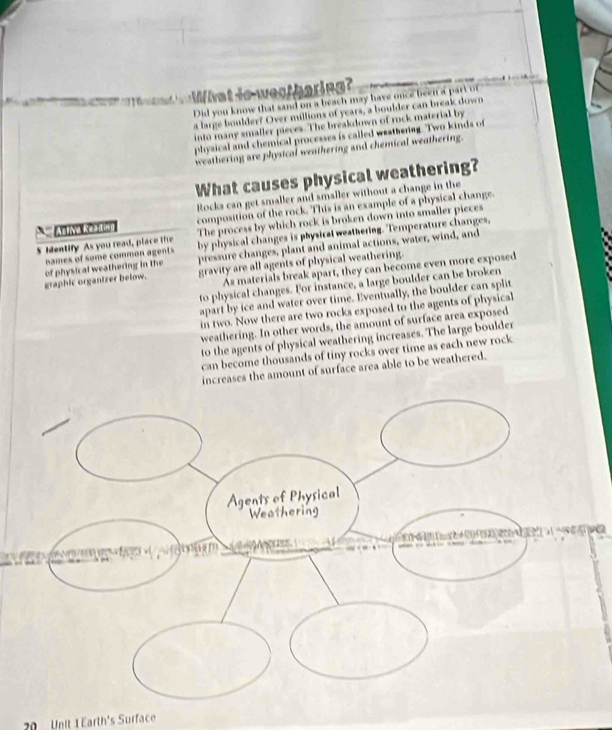 Wat is wes hein 
Did you know that sand on a beach may have once been a part of 
a large boulder? Over millions of years, a boulder can break down 
into many smaller pieces. The breakdown of rock material by 
physical and chemical processes is called weathering. Two kinds of 
weathering are physical weathering and chemical weathering. 
What causes physical weathering? 
Rocks can get smaller and smaller without a change in the 
Aufive Readig composition of the rock. This is an example of a physical change. 
The process by which rock is broken down into smaller pieces 
bames of some common agents by physical changes is physical weathering. Temperature changes, 
5 Mentify As you read, place the pressure changes, plant and animal actions, water, wind, and 
of physical weathering in the 
As materials break apart, they can become even more exposed 
graphic organizer below. gravity are all agents of physical weathering. 
to physical changes. For instance, a large boulder can be broken 
apart by ice and water over time. Eventually, the boulder can split 
in two. Now there are two rocks exposed to the agents of physical 
weathering. In other words, the amount of surface area exposed 
to the agents of physical weathering increases. The large boulder 
can become thousands of tiny rocks over time as each new rock 
increases the amount of surface area able to be weathered.
20 Unit 1 Earth's Surface
