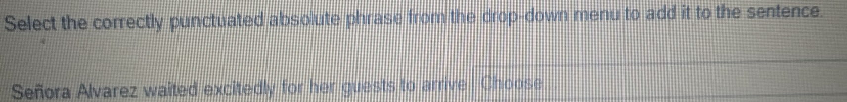 Select the correctly punctuated absolute phrase from the drop-down menu to add it to the sentence. 
Señora Alvarez waited excitedly for her guests to arrive Choose.