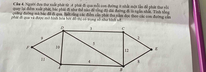 Người đưa thư xuất phát từ A phải đi qua mỗi con đường ít nhất một lần để phát thư rồi 
quay lại điểm xuất phát, bác phải đi như thế nào đề tổng độ dài đường đi là ngắn nhất. Tính tổng 
quang đường mà bác đã đi qua. Biết rằng các điểm cần phát thư nằm dọc theo các con đường cần 
phải đi qua và được mô hình hóa bởi đồ thị có trọng số như hình vẽ.