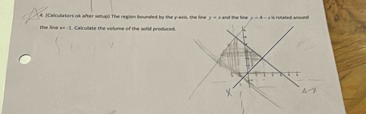 (Calculators ok after setup) The region bounded by the y-axis, the line y=x and the line y=4-x is rotated around 
the line x=-1. Calculate the volume of the solid produced.