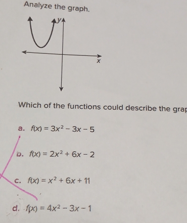 Analyze the graph.
Which of the functions could describe the grap
a. f(x)=3x^2-3x-5
b. f(x)=2x^2+6x-2
C. f(x)=x^2+6x+11
d. f(x)=4x^2-3x-1