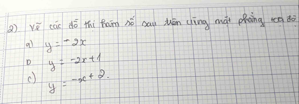 yè cao dō thi haīmg nó sau tuón (ling mài phāing rog do
a) y=-2x
D y=-2x+1
c) y=-x+2.