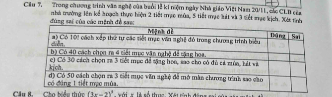 Trong chương trình văn nghệ của buổi lễ kỉ niệm ngày Nhà giáo Việt Nam 20/11, các CLB của 
nhà trường lên kế hoạch thực hiện 2 tiết mục múa, 5 tiết mục hát và 3 tiết mục kịch. Xét tính 
đúng sai của các mệnh đề sau: 
Câu 8. Cho biểu thức (3x-2)^5 với x là số thực, Xét tính đún