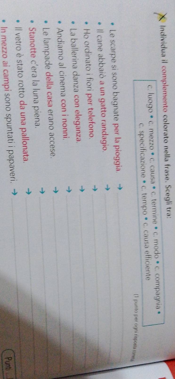 Individua il complemento colorato nella frase. Scegli tra:
c. luogo • c. mezzo • c. causa • c. termine • c. modo • c. compagnia
c. specificazione • c. tempo • c. causa efficiente
(1 punto per ogni risposta coss 
Le scarpe si sono bagnate per la pioggia._
_
_
Il cane abbaiò a un gatto randagio.
Ho ordinato i fiori per telefono._
La ballerina danza con eleganza._
Andiamo al cinema con i nonni._
Le lampade della casa erano accese._
Stanotte c’era la luna piena._
Il vetro è stato rotto da una pallonata._
In mezzo ai campi sono spuntati i papaveri.
Punti