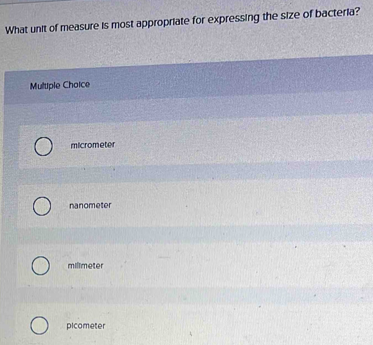 Solved: What unit of measure is most appropriate for expressing the ...