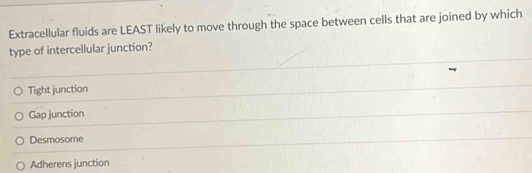 Extracellular fluids are LEAST likely to move through the space between cells that are joined by which
type of intercellular junction?
Tight junction
Gap junction
Desmosome
Adherens junction