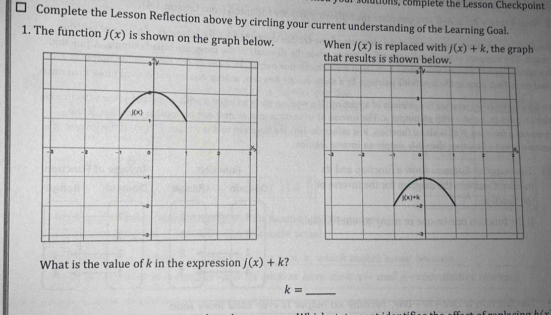 olutions, complete the Lesson Checkpoint
Complete the Lesson Reflection above by circling your current understanding of the Learning Goal.
1. The function j(x) is shown on the graph below. When j(x) is replaced with j(x)+k :, the graph
th
 
What is the value of k in the expression j(x)+k 2
k= _