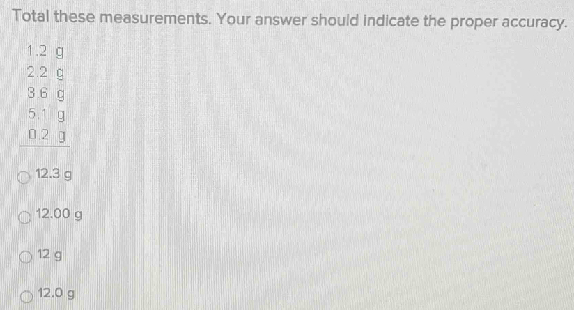 Total these measurements. Your answer should indicate the proper accuracy.
beginarrayr 1.29 2.29 3.83 381 02.9 hline endarray
12.3
12.00 g
12 g
12.0 g