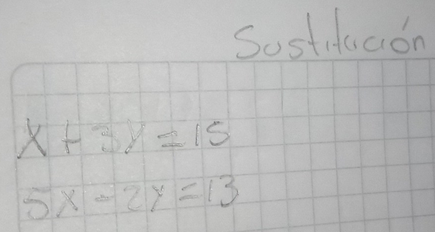 Sostducon
x+3y=15
5x-2y=13