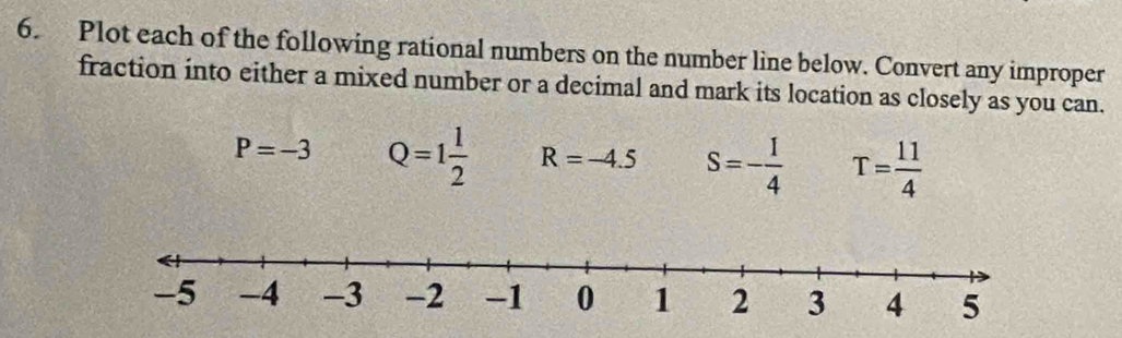 Plot each of the following rational numbers on the number line below. Convert any improper 
fraction into either a mixed number or a decimal and mark its location as closely as you can.
P=-3 Q=1 1/2  R=-4.5 S=- 1/4  T= 11/4 