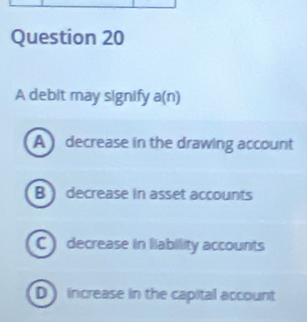 Solved: A debit may signify a(n) A decrease in the drawing account B ...