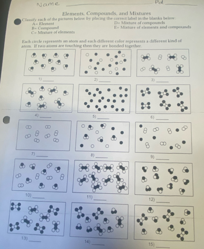 Vc 
_ 
Elements, Compounds, and Mixtures 
Classify each of the pictures below by placing the correct label in the blanks below.
A= Element D=N Mixture of compounds
B= Compound E= Mixture of elements and compounds
C= Mixture of elements 
Each circle represents an atom and each different color represents a different kind of 
atom. If two atoms are touching then they are bonded together. 
_ 
2)_ 
3)_ 
4)_ 
5)_ 
6)_ 
7)_ 
8)_ 
9) 
_ 
10)_ 11)_ 12)_ 
_ 
13) 
14)_ 15)_