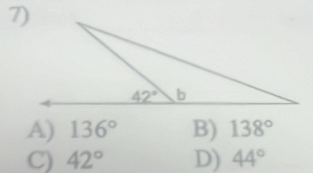 A) 136° B) 138°
C) 42° D) 44°