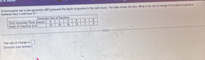 A homeowner ran a new generator and measured the depth of gasoline in the tank hourty. The table shows the data. What is the rate of change of the depth of gasotine 
The rate of change is □ 
(Simplity your anewer)